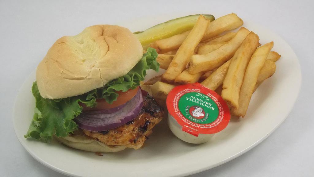 Jerk Chicken Sandwich · Spicy. A grilled chicken breast coated with jerk seasoning, basted in our Caribbean wing sauce and topped with lettuce, tomato, and red onion. Served on a deluxe roll.