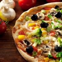 Veggie Pizza · Healthy and fresh green peppers, mushrooms, olives, onions, and roma  tomatoes.