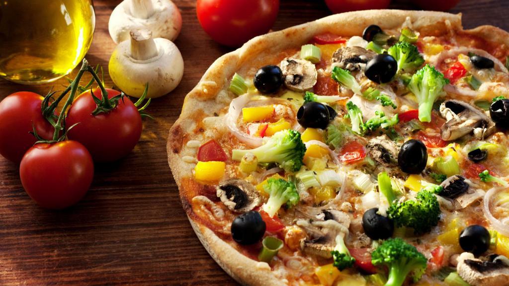 The Veggie Pizza · Delicious pizza made with pizza sauce, mozzarella cheese, fresh mushrooms, black olives, green peppers, and onions.