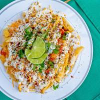 Street Fries · Fried topped with cheese, pico de gallo and ranch sauce add chicken or steak with an extra c...