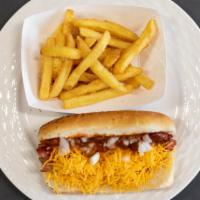 Chili Dog · Char Broiled Vienna all Beef Hot Dog, Homemade Chili, Diced Onions, Shredded Cheese in a Ste...