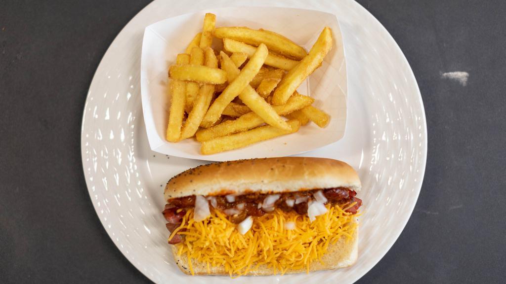 Chili Dog · Char Broiled Vienna all Beef Hot Dog, Homemade Chili, Diced Onions, Shredded Cheese in a Steamed Poppy Seed Bun