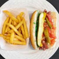 Chicago Dog · Char Broiled Vienna all Beef Hot Dog, Mustard, Relish, Diced Onion, Tomato and a Pickle in a...