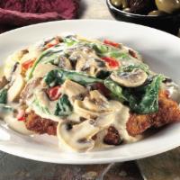 Chicken Scaloppini · Milanese chicken breast, sliced mushrooms, tomatoes and spinach in lemon cream sauce with an...