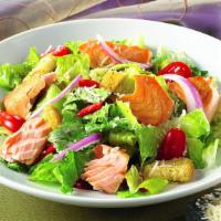 Smoked Salmon Salad · Lightly hickory-smoked salmon tossed with house mix, roasted red peppers, grape tomatoes, sh...