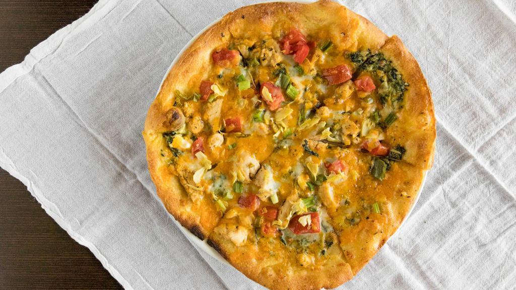 Florentino · House favorite. Asiago creamed spinach, sliced chicken, jalapeño bacon, jalapeños, tomatoes, artichokes, green onions, cheddar and our gourmet cheese blend.