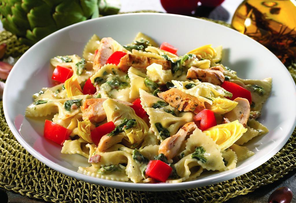 Asiago Spinach Chicken · House favorite. Sliced chicken, asiago creamed spinach, jalapeño bacon, tomatoes and artichoke hearts with bowtie pasta.