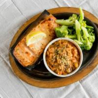 Citrus Cedar Plank Salmon · House favorite. Roasted salmon with our fresh steamed broccoli and creamy jalapeño risotto.