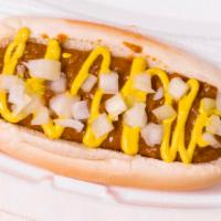 Coney · Beef hot dog with chill, onions and mustard.
