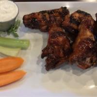 Smoked Chicken Wings · Jumbo Wings, Celery, Carrots, Jalapeno Ranch or Bleu Cheese, Dry Rubbed or Buffalo
