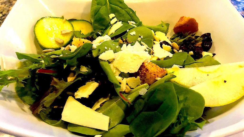 House Salad · Spring Greens, Apple, Red Onion, Tomato, Cucumber, Mustard Vinaigrette, Balsamic Vinaigrette, Jalapeno Ranch, or Bleu Cheese