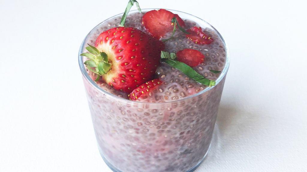 Strawberry Lemon Basil Chia Pudding · Chia seeds soaked overnight in oat milk and sweetened with raw cane sugar. (Gluten-free, vegan)