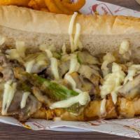 Philly Steak Sandwich · Steak sandwich with sauteed onions, mushrooms and bell peppers covered with melted pepper ja...