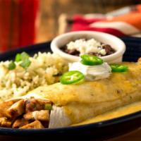 Chipotle Chicken Burrito · Grilled Fajita Chicken, sauteed green peppers & onions and cheese wrapped in a flour tortill...