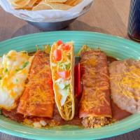 Combo #1 · A seasoned Ground Beef Enchilada, a Cheese & Onion Enchilada, and a Ground Beef Taco.