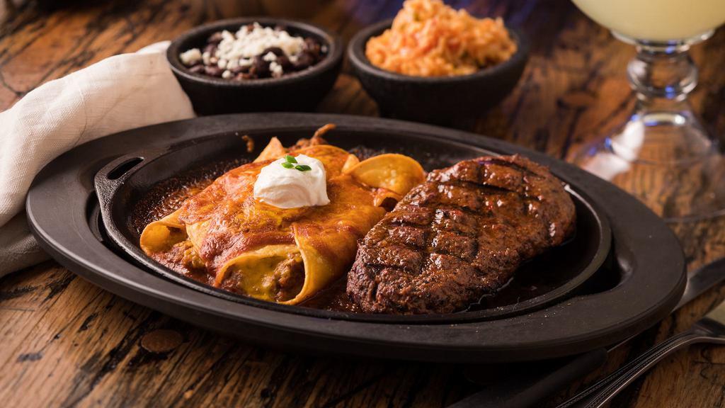 Steak & Enchiladas · A grilled 8-oz Sirloin Steak, lightly basted with the smoky flavor of chipotle peppers and served with two Ground Beef Enchiladas covered with Red Enchilada sauce. Garnished with sour cream & chives and your choice of two sides.