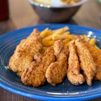 Chicken Fingers & Fries · Tender strips of Chicken Breast breaded and lightly fried. Served with Cantina Fries & a sid...