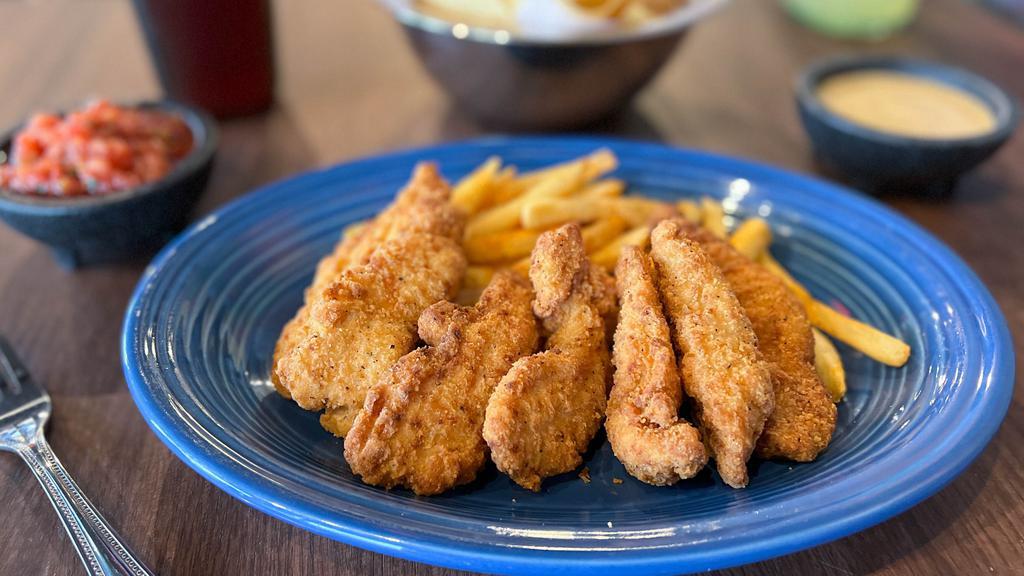 Chicken Fingers & Fries · Tender strips of Chicken Breast breaded and lightly fried. Served with Cantina Fries & a side of honey mustard sauce.