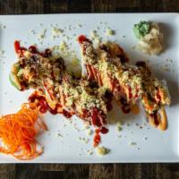 Red Dragon Roll · Shrimp tempura, avo, lettuce inside, wrapped with sp crabmeat and crunch.(Total have 10 piec...