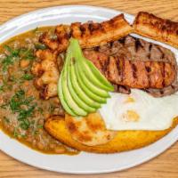Bandeja Latina · Grilled sirloin, Colombian sausage, fried egg, rice, beans, corn cake avocado and fried plan...