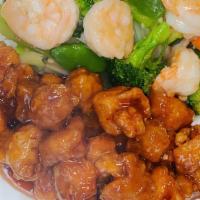 Dragon & Phoenix · Jumbo shrimp sautéed with snow peas, carrots, water chestnuts, broccoli, baby corn in delici...