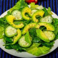 Avocado Salad · Romaine lettuce, baby spinach, cucumbers and avocado slices