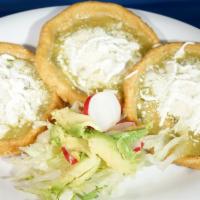 Sopes Meal (3) · Rounded shaped fried corn dough, topped with our delicious home made tomatillo green sauce, ...