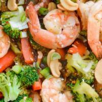 Shrimp With Vegetables · Stir-fried with fresh mixed vegetables in the chef's special white wine garlic sauce.