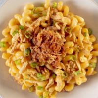 Bbq Pulled Pork Mac & Cheese · Cellentani in a creamy cheese sauce, with slow braised BBQ pulled pork and crunchy fried oni...