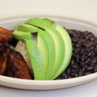 Vegan Bowl · Rice, black beans, sweet plantains, avocado slices.