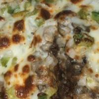 Uncle Phil Pizza (Small) · Our Uncle Phil pizza is topped with green peppers, mozzarella, mushrooms, steak, swiss, whit...