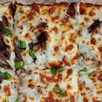 Uncle Phil Pizza (Large) · Our Uncle Phil pizza is topped with green peppers, mozzarella, mushrooms, steak, swiss, whit...