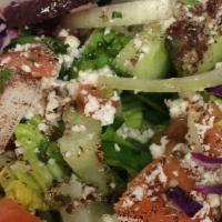 #04 Greek Salad · House salad, black olives, feta & beets.