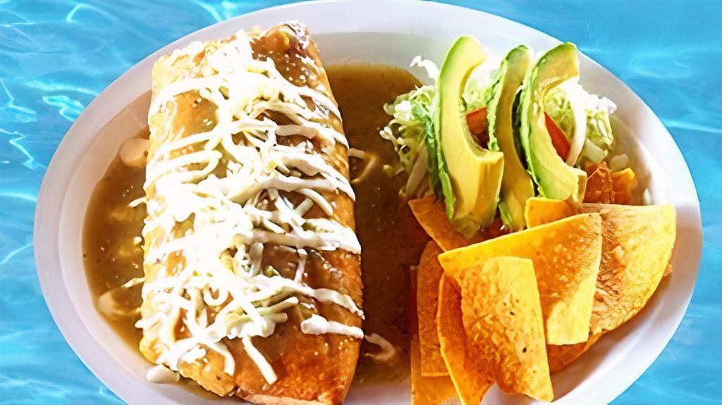 Chimichanga Platter · Popular. Fried flour tortilla (one choice of meat, rice, and beans inside) topped with red sauce and shredded cheese, lettuce, sour cream, pico de gallo and guacamole.