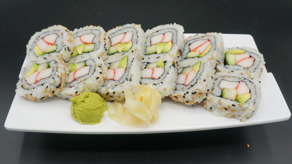 California Roll · Inside-out seaweed wrap, crab stick, avocado, cucumber and sesame seed.