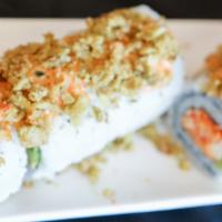 Kamikaze Roll · Spicy crab mix, avocado, Philadelphia cream cheese, carrots, top with Kamikaze sauce and cri...