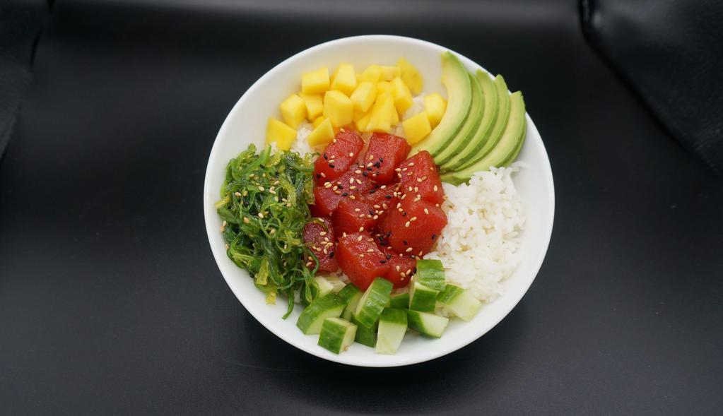 Hawaiian Poke Bowl · Sushi Rice, Marinated Tuna, Mango, Avocado, Cucumber and Seaweed Salad