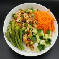 Chicken Teriyaki Bowl · Sushi rice, marinated chicken, asparagus, carrots, cucumber & topped with teriyaki sauce, gr...