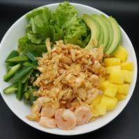 Tropical Spicy Shrimp Bowl · Sushi rice, spicy shrimp, mango, avocado, jalapeno and topped with yummy sauce, eel sauce an...