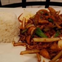 Mongolian Chicken · Served with steamed rice.