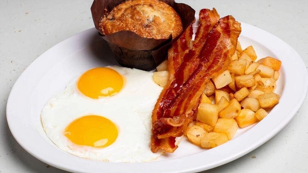 Zax I Am Fried Eggs And...(With Meat) · Two eggs any style with skillet potatoes and an Everything muffin with choice of Ham, Bacon, Sausage, Canadian Bacon or Turkey Sausage