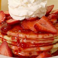 Strawberry Tall Cakes · Buttermilk cakes, fresh strawberries,. strawberry compote, whipped cream. and powdered sugar