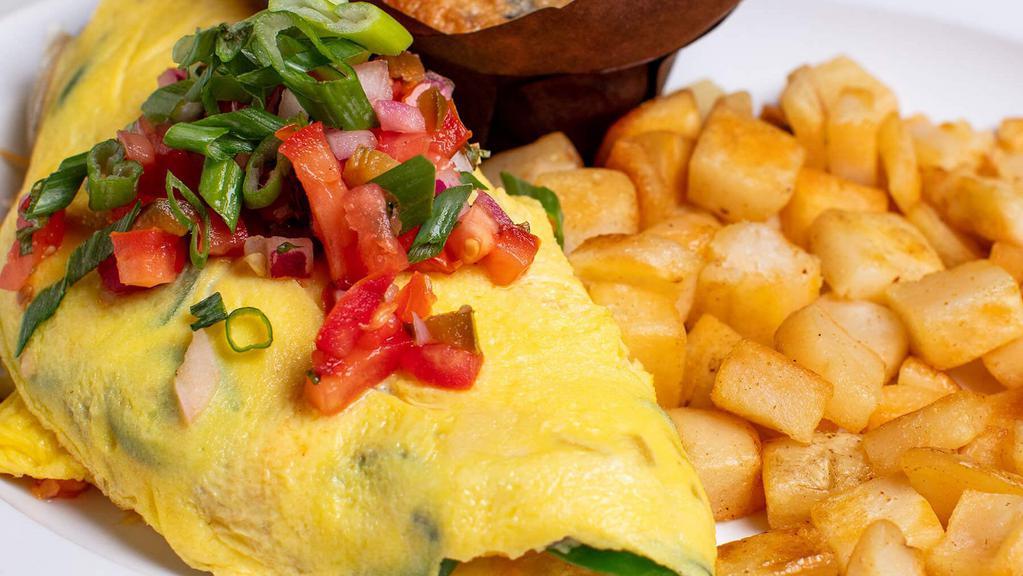 Wild Western Omelet · Ham, jalapeño peppers, onion, cheddar-jack cheese. Topped with. pico de gallo and green onions.