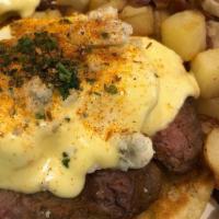 Steak Bennie · Seared sliced sirloin, poached. eggs on an English muffin. topped with fresh hollandaise.. S...