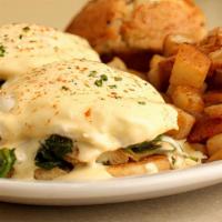 Veggie Bennie Florentine · Toasted English muffin, sautéed. spinach, tomatoes, poached eggs,. fresh hollandaise and smo...
