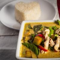 Green Curry · Eggplant red and green bell peppers coconut milk basil and green curry paste.