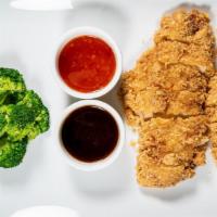 Crispy Chicken Breast · Spicy. Deep-fried chicken breast and broccoli served with honey chili and teriyaki sauce.