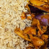 Chicken With Eggplant In Garlic Sauce · Hot and spicy.