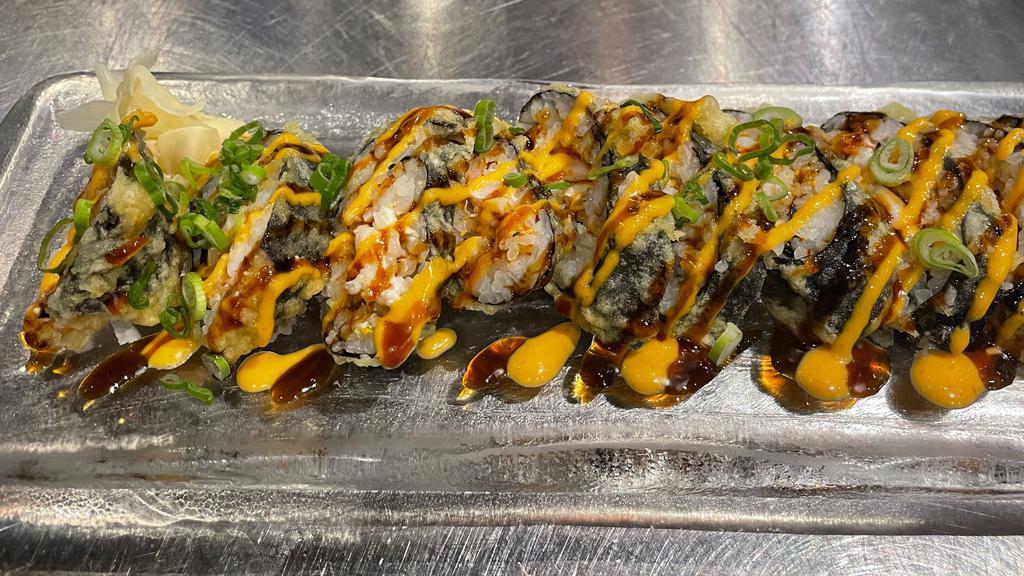 15 Godzilla Roll · Special shrimp, cream cheese, deep fried, eel sauce, spicy mayo, scallion.