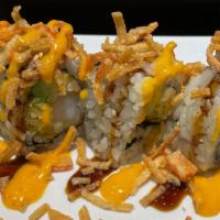 18 Hollywood Roll · shrimp tempura,avocado,creamcheese topped with crabmeat tempura,eel and spicy mayo  sauce